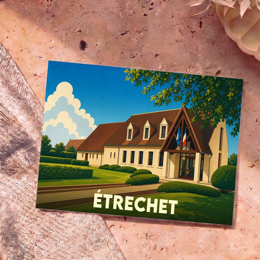 Carte postale souvenir de la ville d'Étrechet avec une illustration stylisée de sa mairie.