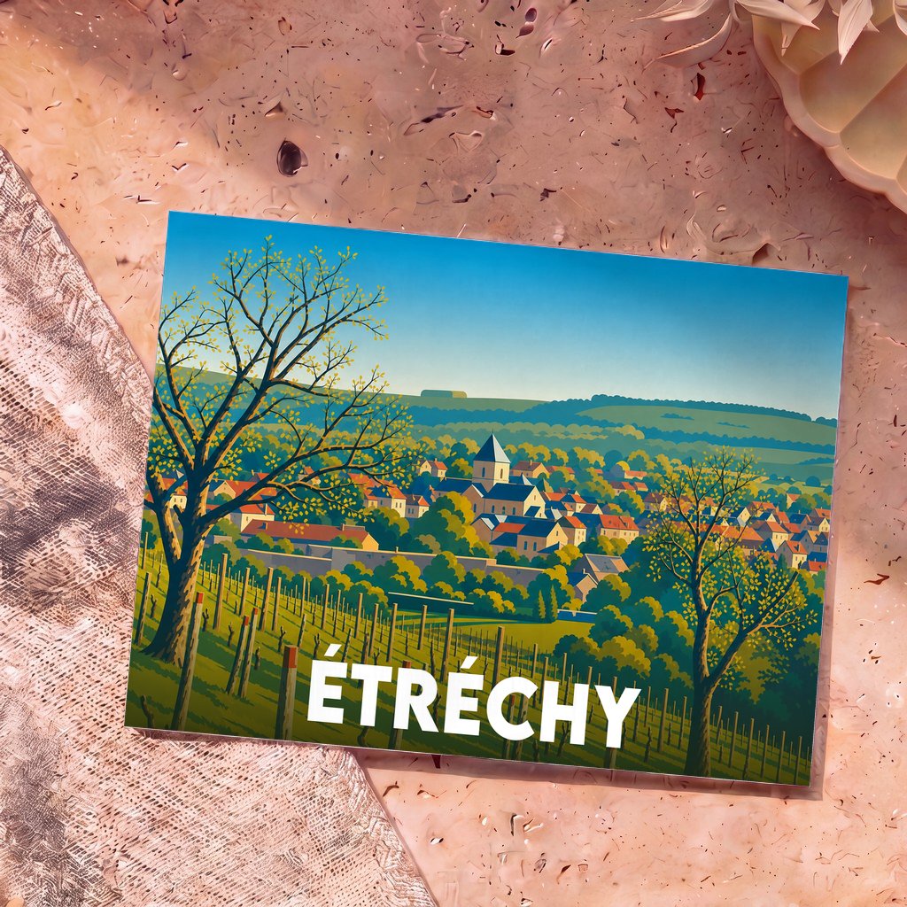 Carte postale souvenir de la ville d'Étréchy avec une illustration stylisée de son paysage et de ses vignobles.