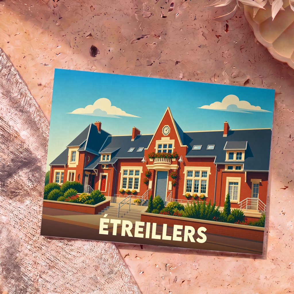 Carte postale souvenir de la ville d'Étreillers illustrant la mairie dans un style graphique épuré.