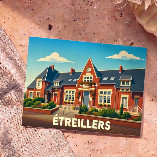 Carte postale souvenir de la ville d'Étreillers illustrant la mairie dans un style graphique épuré.