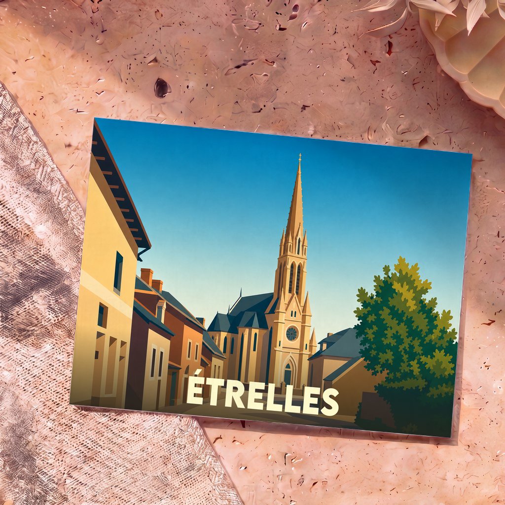 Carte postale souvenir de la ville d'Étrelles avec une illustration stylisée de son église et de ses rues.