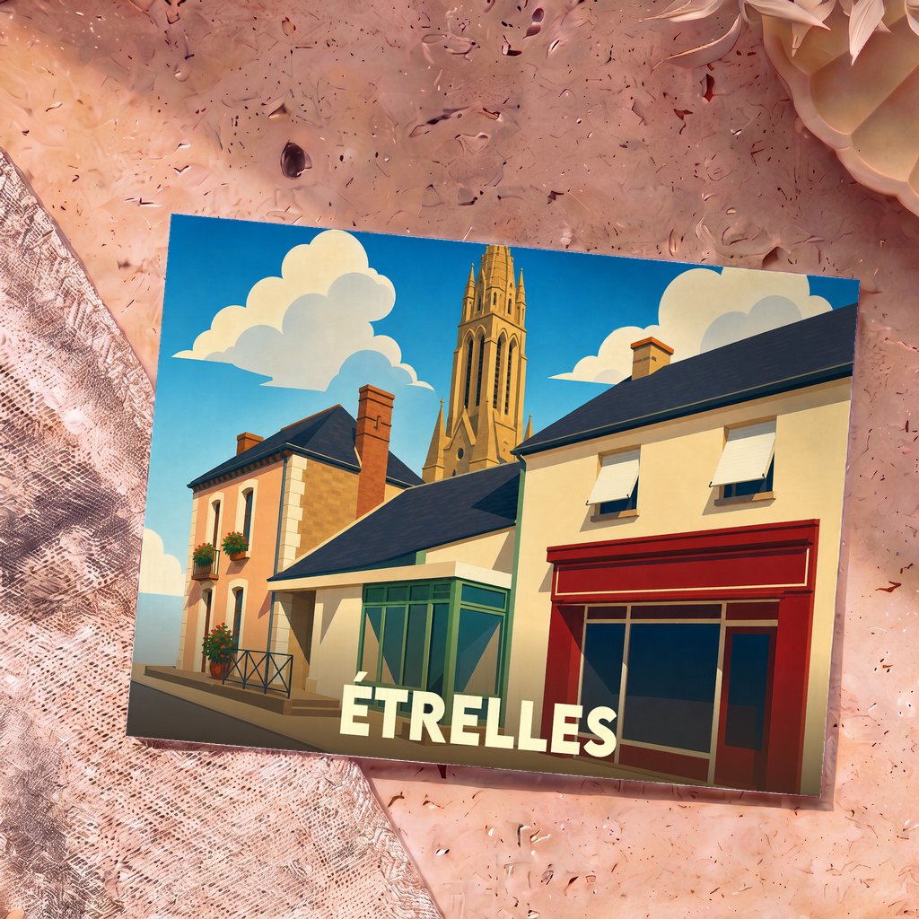 Carte postale souvenir de la ville d'Étrelles avec une illustration stylisée de ses rues et de son église.
