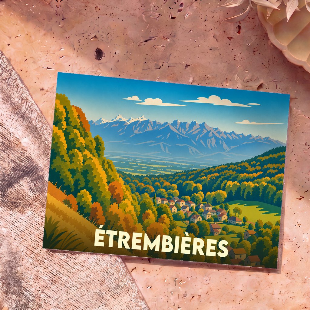 Carte postale souvenir de la ville d'Étrembières avec une illustration stylisée d'un paysage de montagne.