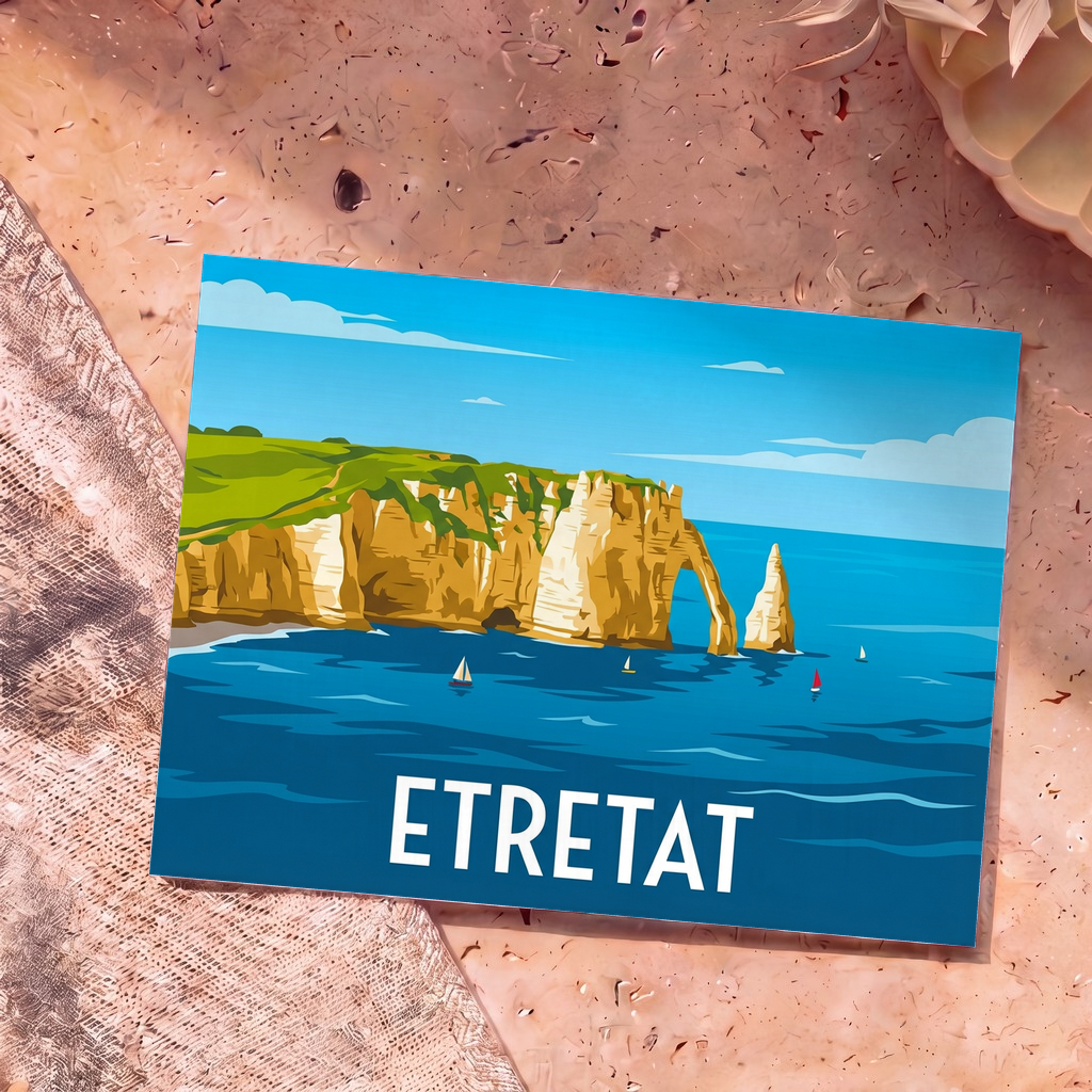 Carte postale souvenir de la ville d'Étretat avec une illustration stylisée de ses célèbres falaises.