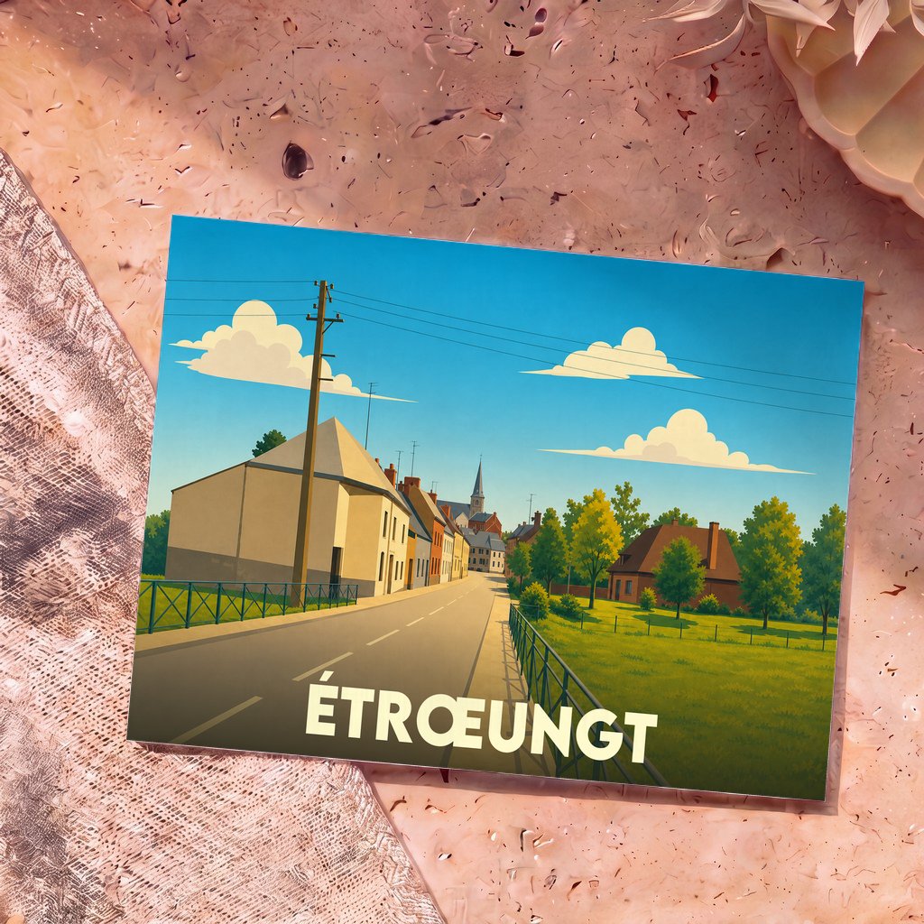 Carte postale souvenir de la ville d'Étrœungt avec une illustration stylisée.
