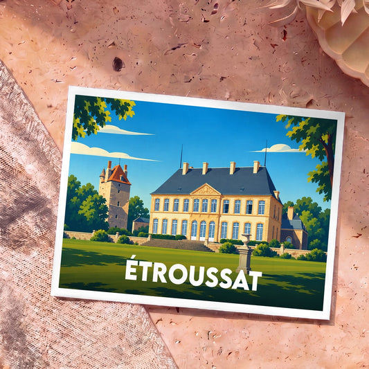 Carte postale souvenir de la ville d'Étroussat représentant une illustration stylisée de son château.