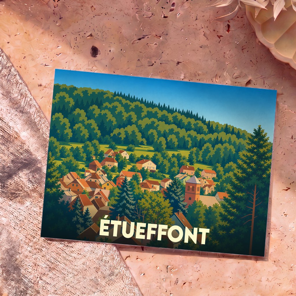 Carte postale souvenir de la ville d'Étueffont avec une illustration stylisée de ses maisons nichées dans un écrin de verdure.