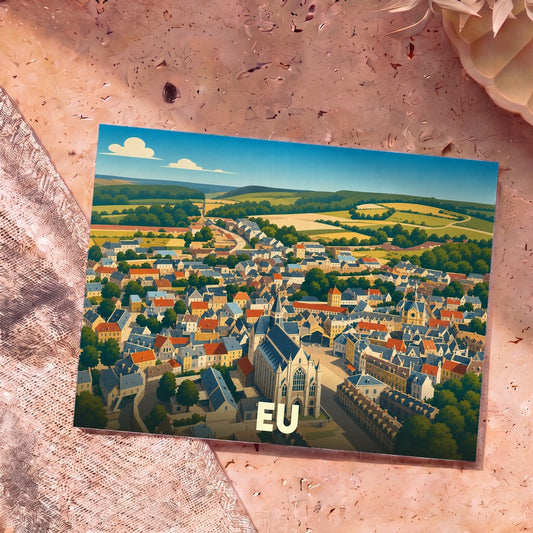 Carte postale souvenir de la ville de Eu avec une illustration stylisée vue du ciel.