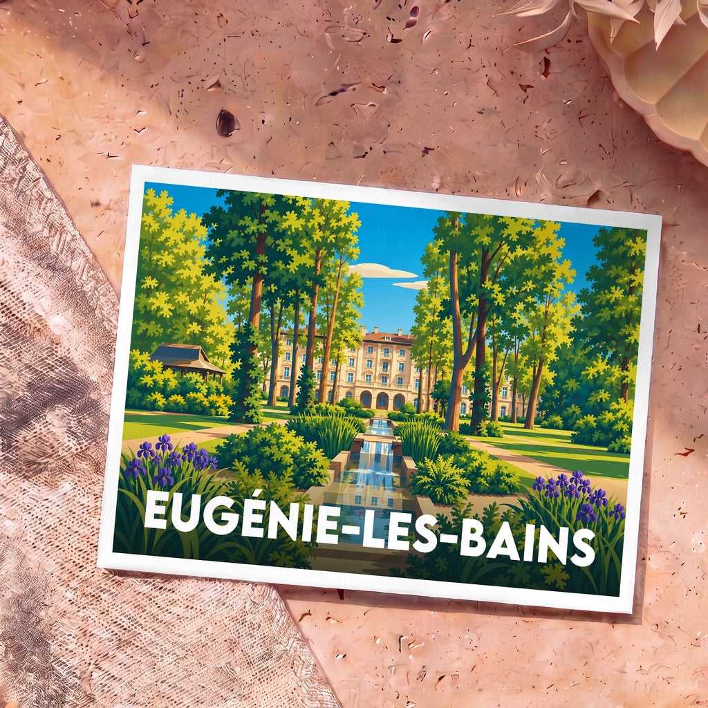 Carte postale souvenir de la ville d'Eugénie-les-Bains avec une illustration stylisée de ses jardins et de son architecture thermale.