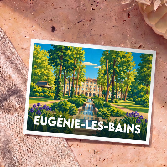 Carte postale souvenir de la ville d'Eugénie-les-Bains avec une illustration stylisée de ses jardins et de son architecture thermale.