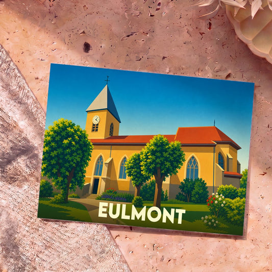 Carte postale souvenir de la ville d'Eulmont avec une illustration stylisée d'une église sous un ciel bleu.