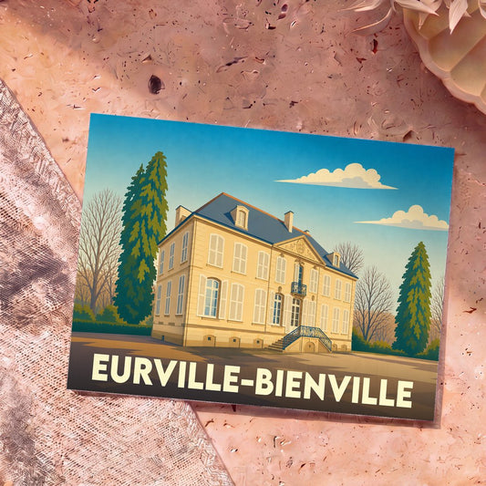 Carte postale souvenir de la ville d'Eurville-Bienville avec une illustration stylisée d'une demeure bourgeoise.
