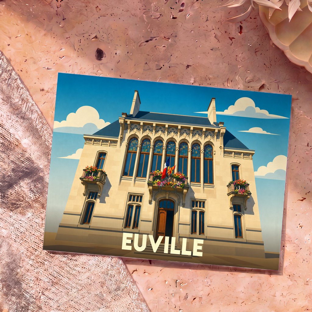 Carte postale souvenir de la ville d'Euville illustrant son hôtel de ville dans un style graphique épuré.