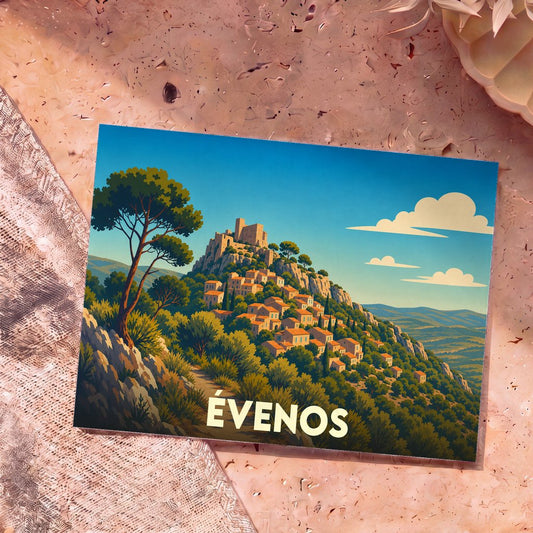 Carte postale souvenir de la ville d'Évenos avec une illustration stylisée d'un village perché provençal.