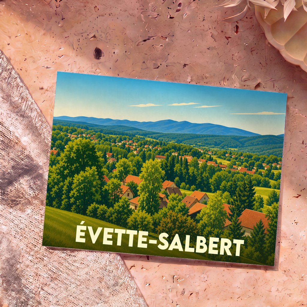 Carte postale souvenir de la ville d'Évette-Salbert illustrant un paysage de village vallonné et verdoyant.
