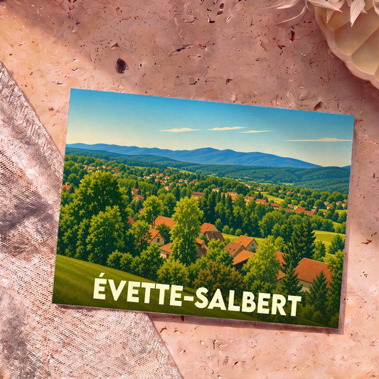 Carte postale souvenir de la ville d'Évette-Salbert illustrant un paysage de village vallonné et verdoyant.