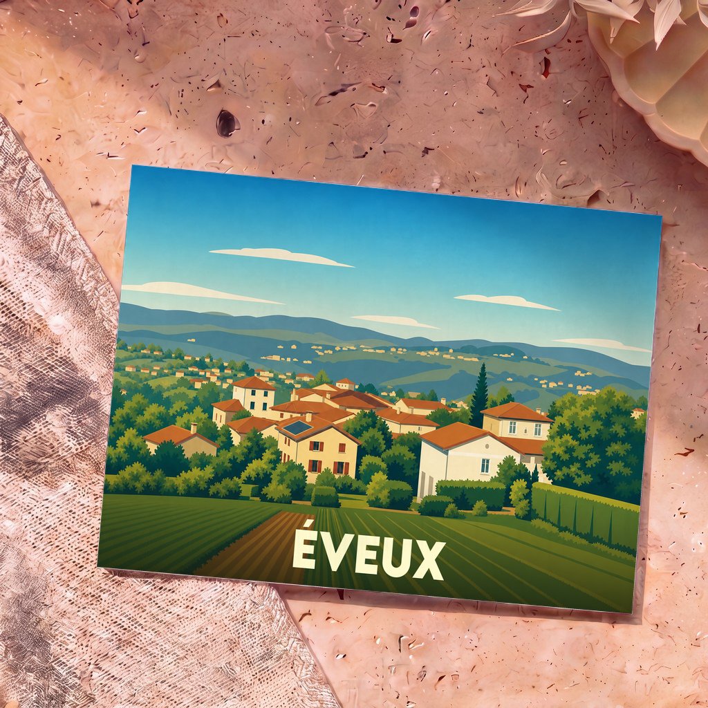Carte postale souvenir de la ville d'Éveux avec une illustration stylisée de son paysage vallonné.
