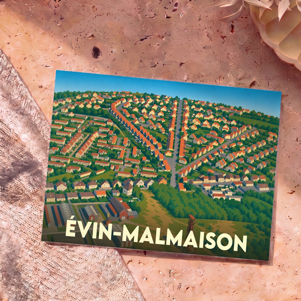 Carte postale souvenir de la ville de Évin-Malmaison illustrée par une vue aérienne stylisée et colorée.