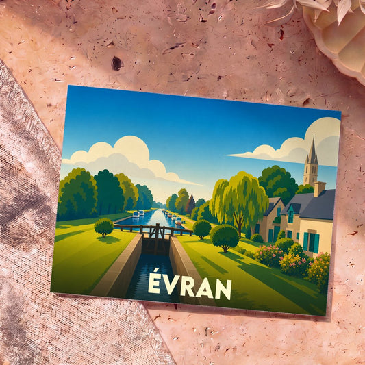 Carte postale souvenir de la ville d'Évran illustrant une écluse sur le canal dans un style graphique épuré.
