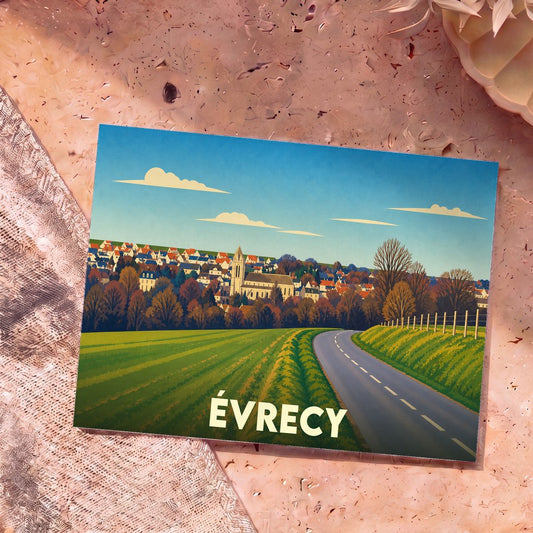 Carte postale souvenir de la ville d'Évrecy avec une illustration stylisée d'un paysage normand.