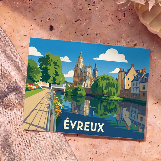 Carte postale souvenir de la ville d'Évreux avec une illustration colorée et stylisée de sa cathédrale bordant l'Iton.
