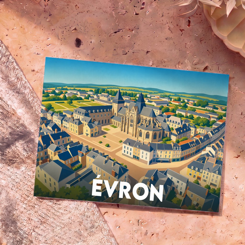 Carte postale souvenir de la ville d'Évron avec une illustration stylisée de son abbaye et de ses toitures.