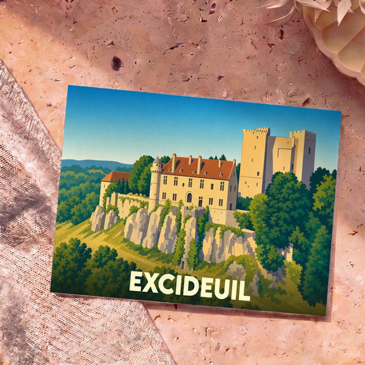 Carte postale souvenir d'Excideuil illustrant son château perché sur un éperon rocheux dans un style graphique épuré.