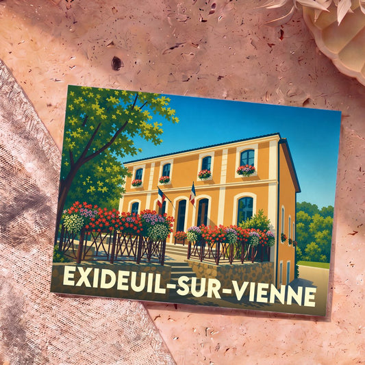 Carte postale souvenir de la ville d'Exideuil-sur-Vienne avec une illustration colorée et fleurie de la mairie.