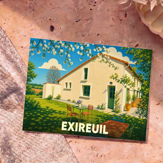 Carte postale souvenir de la ville d'Exireuil avec une illustration stylisée d'une maison ensoleillée et de son jardin.