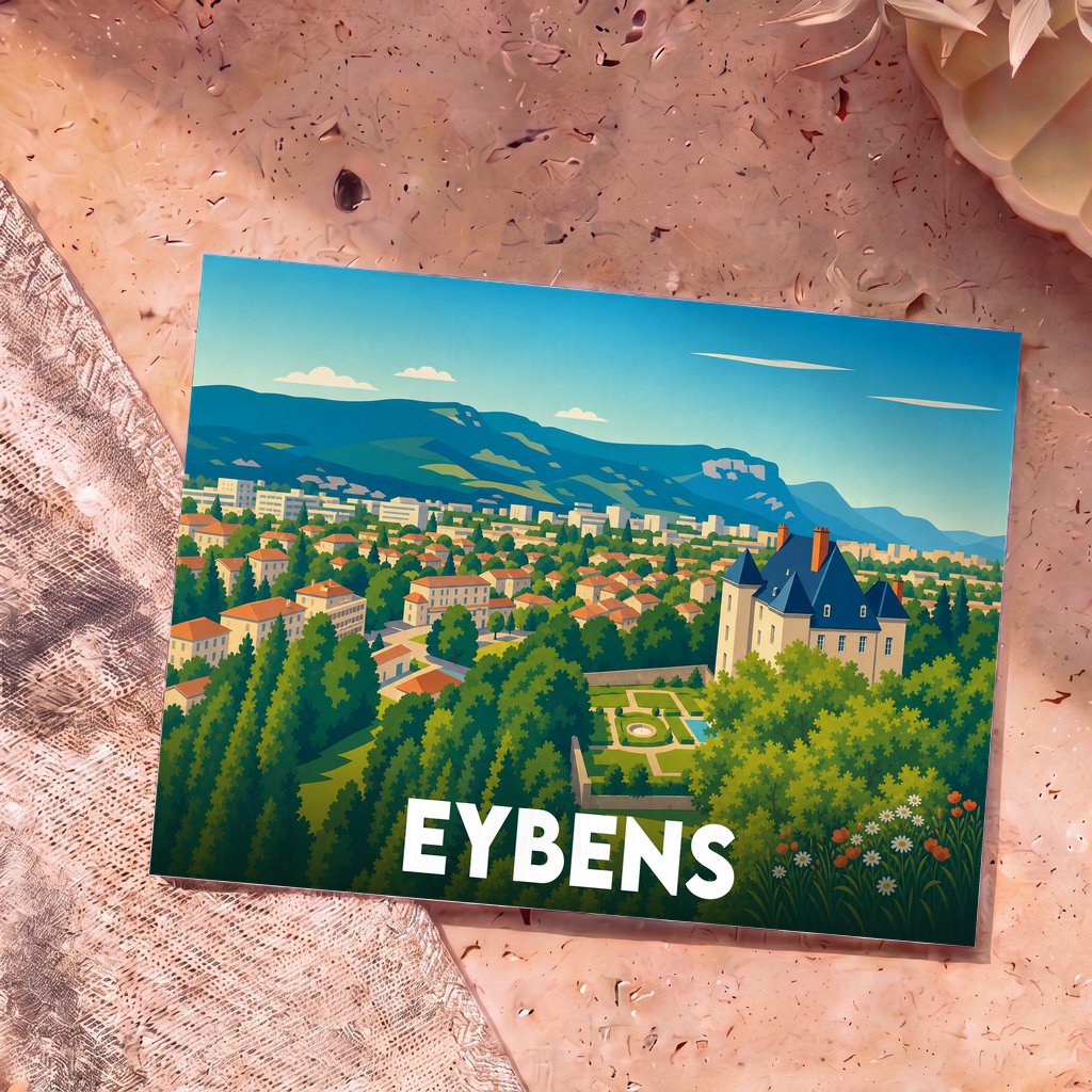 Carte postale souvenir de la ville d'Eybens avec une illustration stylisée représentant son château et ses montagnes.