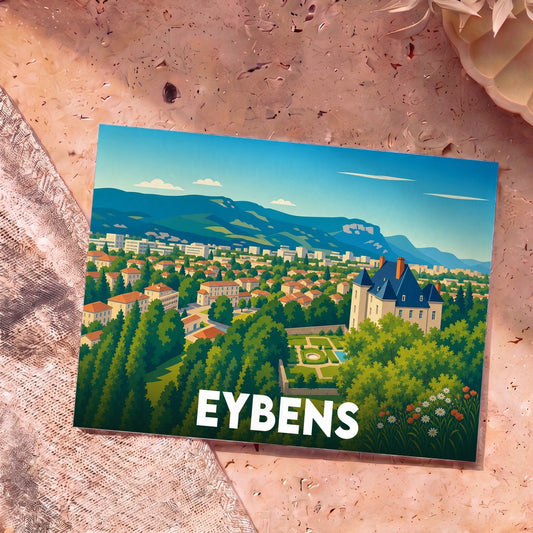 Carte postale souvenir de la ville d'Eybens avec une illustration stylisée représentant son château et ses montagnes.