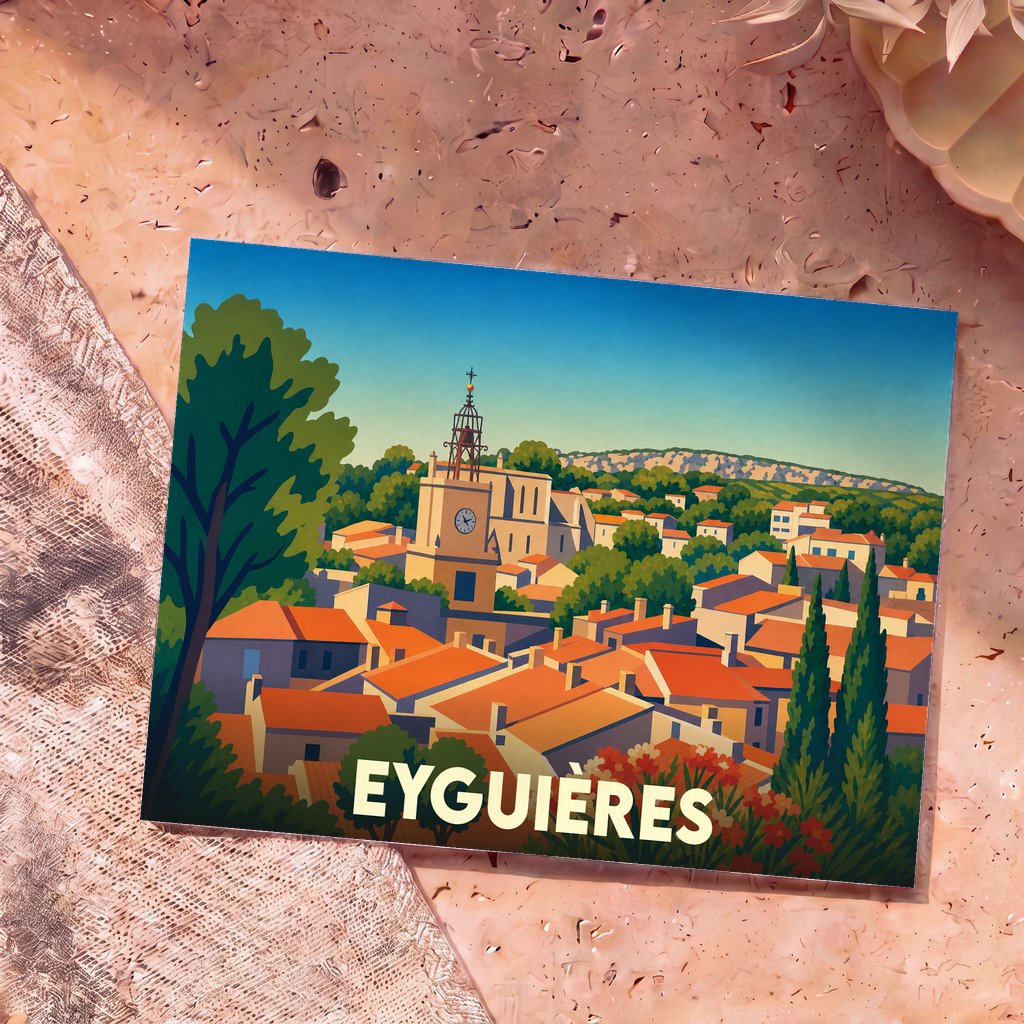 Carte postale souvenir de la ville d'Eyguières avec une illustration stylisée de ses toits provençaux et de son clocher.