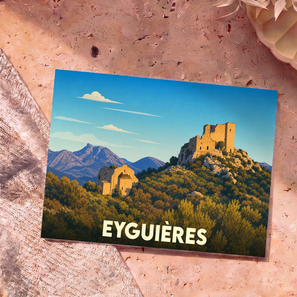 Carte postale souvenir de la ville d'Eyguières illustrant des ruines de châteaux dans un paysage de collines provençales.