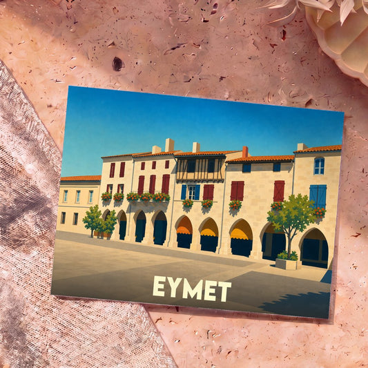 Carte postale souvenir de la ville d'Eymet illustrant sa place centrale à arcades dans un style graphique épuré.