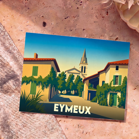 Carte postale souvenir de la ville d'Eymeux avec une illustration stylisée d'un village ensoleillé.