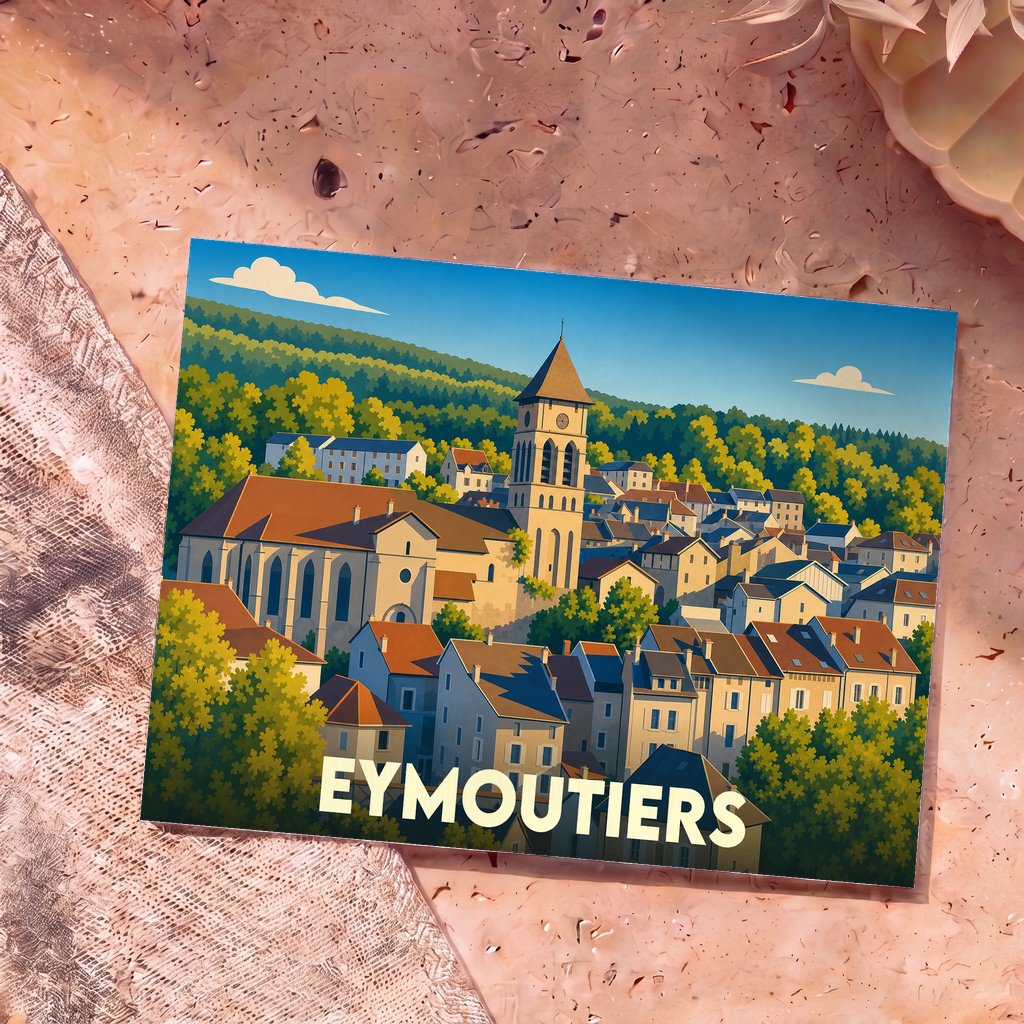 Carte postale souvenir de la ville d'Eymoutiers avec une illustration stylisée de son église et de ses maisons colorées.