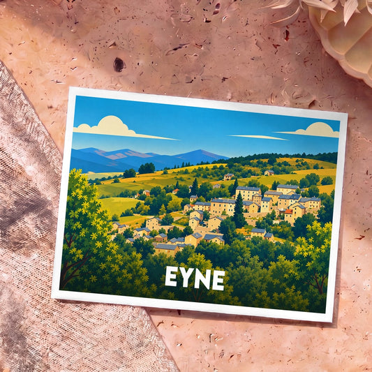 Carte postale souvenir de la ville d'Eyne avec une illustration stylisée d'un village de montagne.