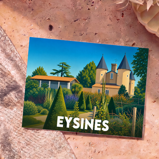 Carte postale souvenir de la ville d'Eysines illustrant un château entouré de jardins avec un style graphique épuré.