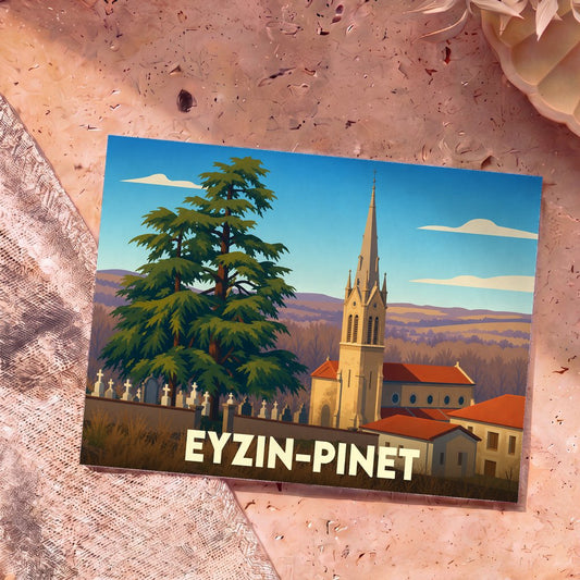 Carte postale souvenir de la ville d'Eyzin-Pinet avec une illustration stylisée de son église et de son paysage.