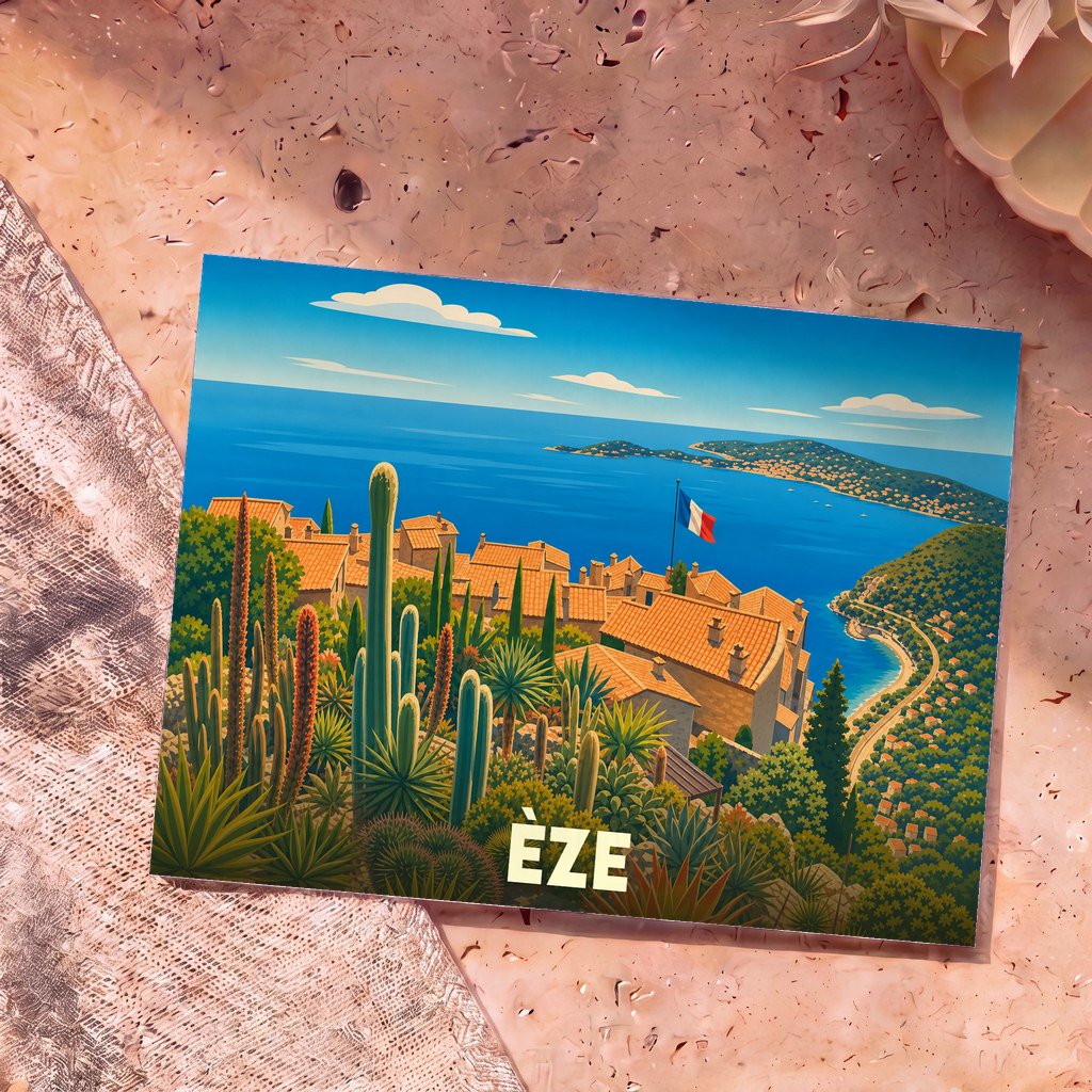Carte postale souvenir de la ville d'Èze avec une illustration stylisée montrant le village, le jardin exotique et la mer.