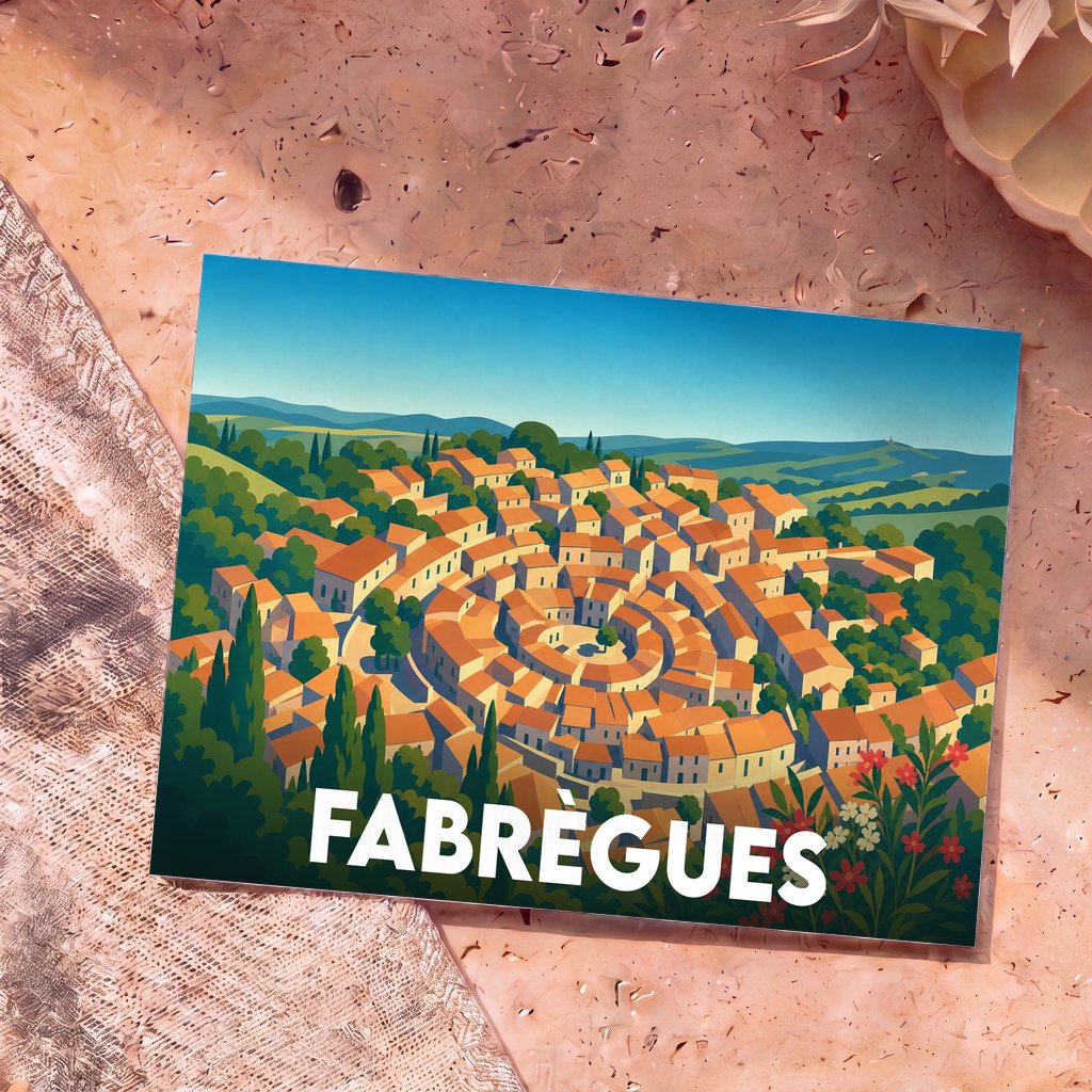 Carte postale souvenir de la ville de Fabrègues avec une illustration stylisée d'un village circulaire niché dans les collines.