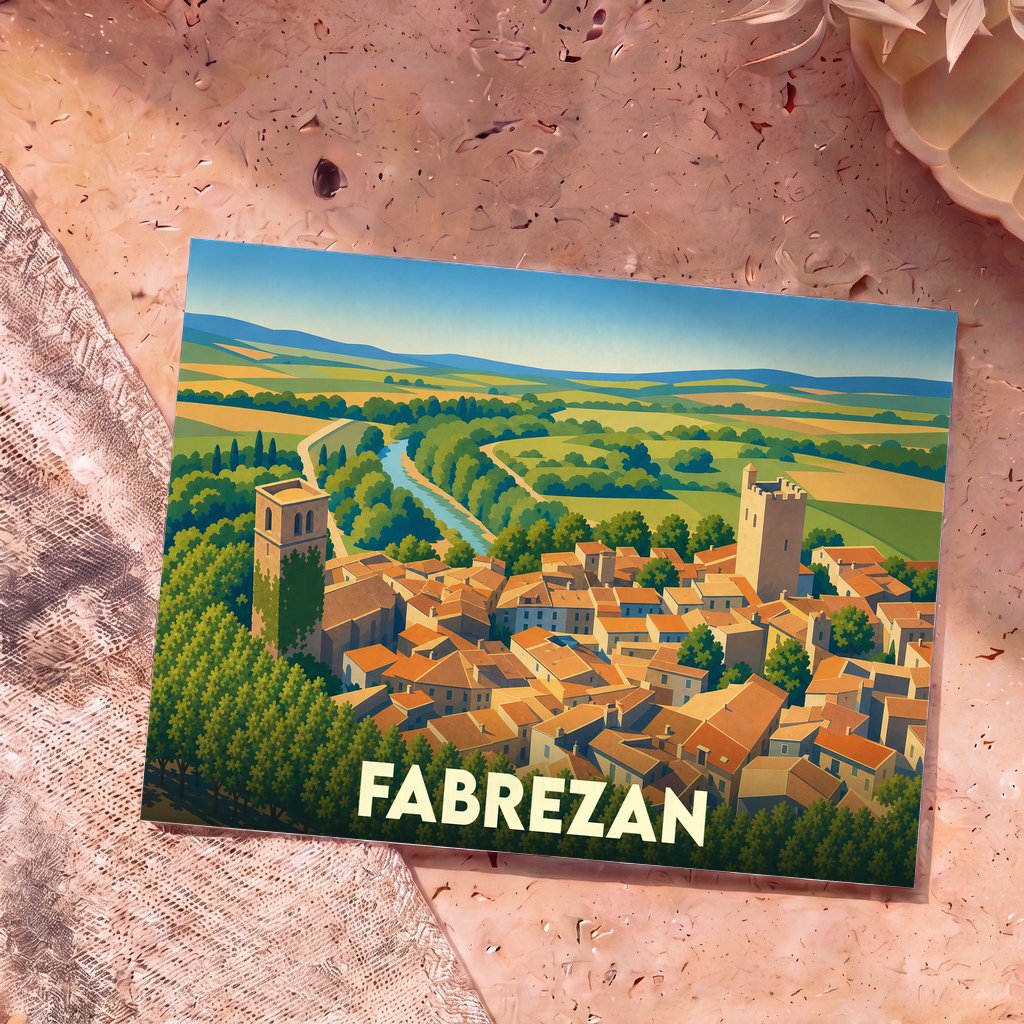 Carte postale souvenir de la ville de Fabrezan avec une illustration stylisée et colorée de son paysage urbain et champêtre.