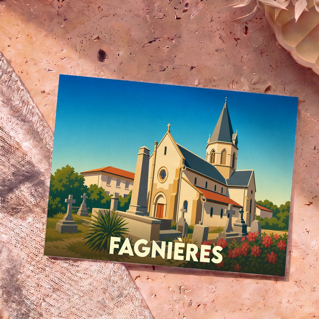 Carte postale souvenir de la ville de Fagnières avec une illustration stylisée d'une église et de son cimetière.