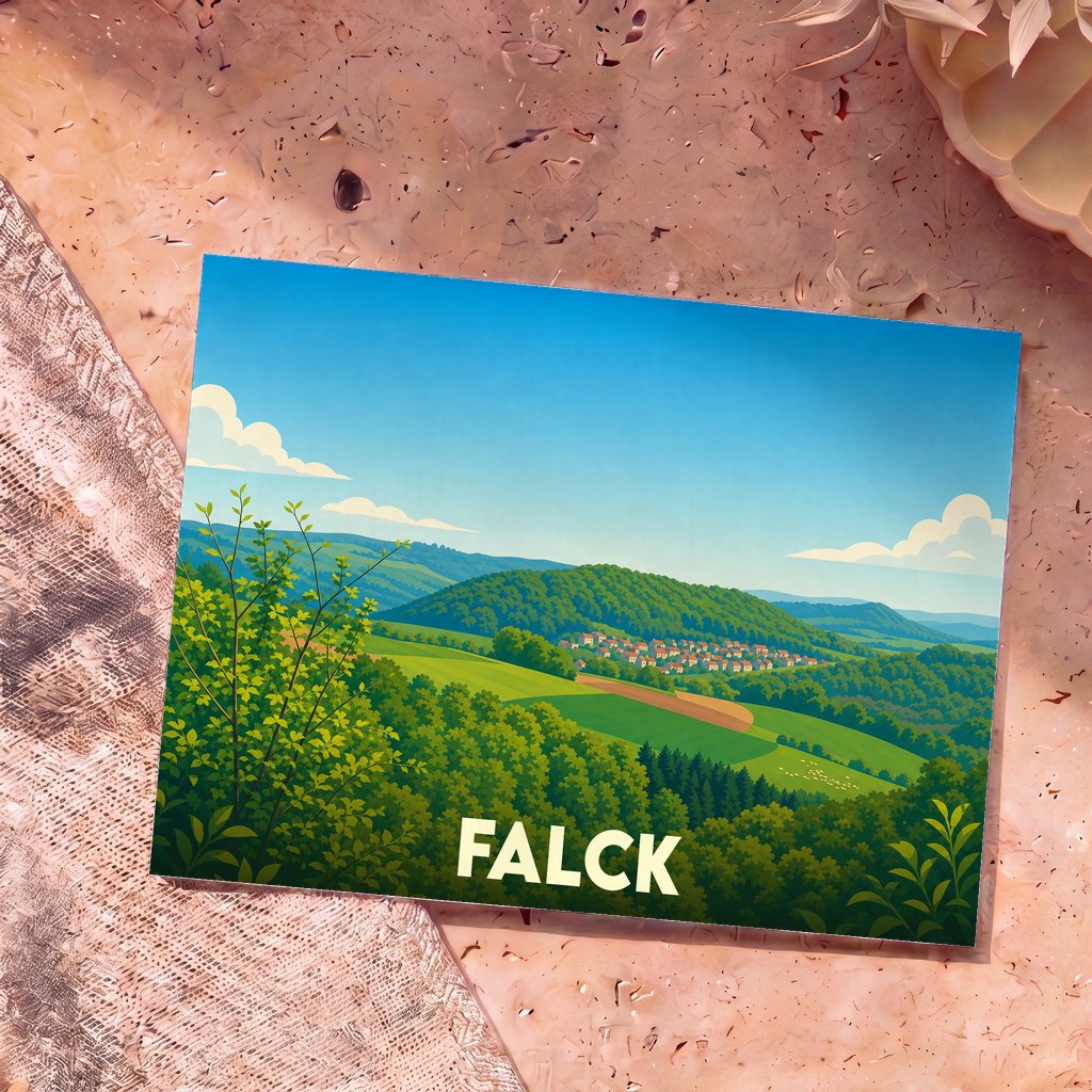 Carte postale souvenir de la ville de Falck avec une illustration stylisée de son paysage verdoyant.