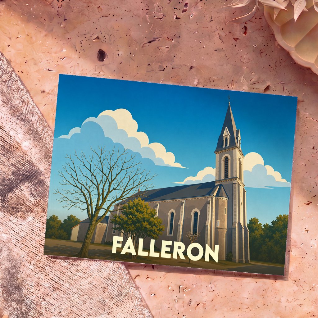 Carte postale souvenir de la ville de Falleron avec une illustration stylisée d'une église sous un ciel azur.