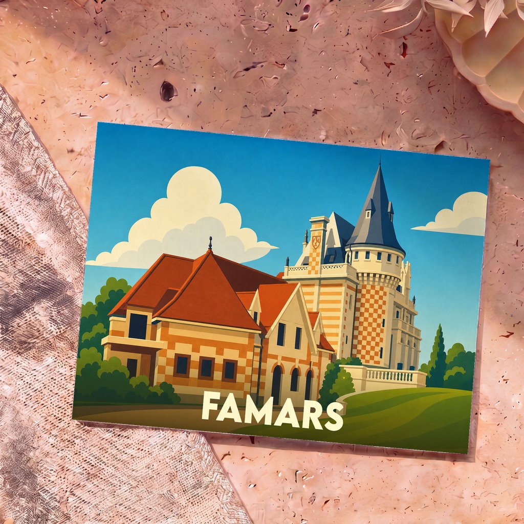 Carte postale souvenir de la ville de Famars avec une illustration stylisée de son château.