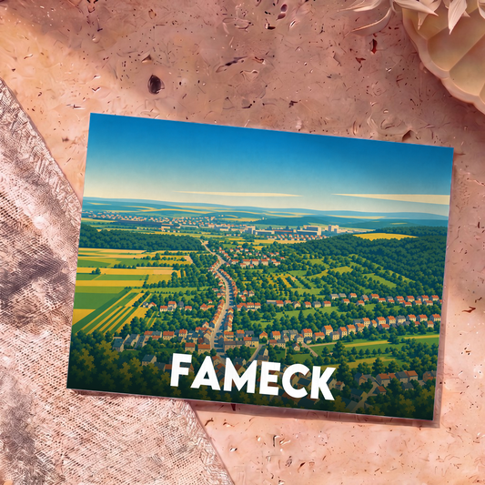 Carte postale souvenir de la ville de Fameck présentant une illustration stylisée et colorée d'un paysage urbain vu du ciel.