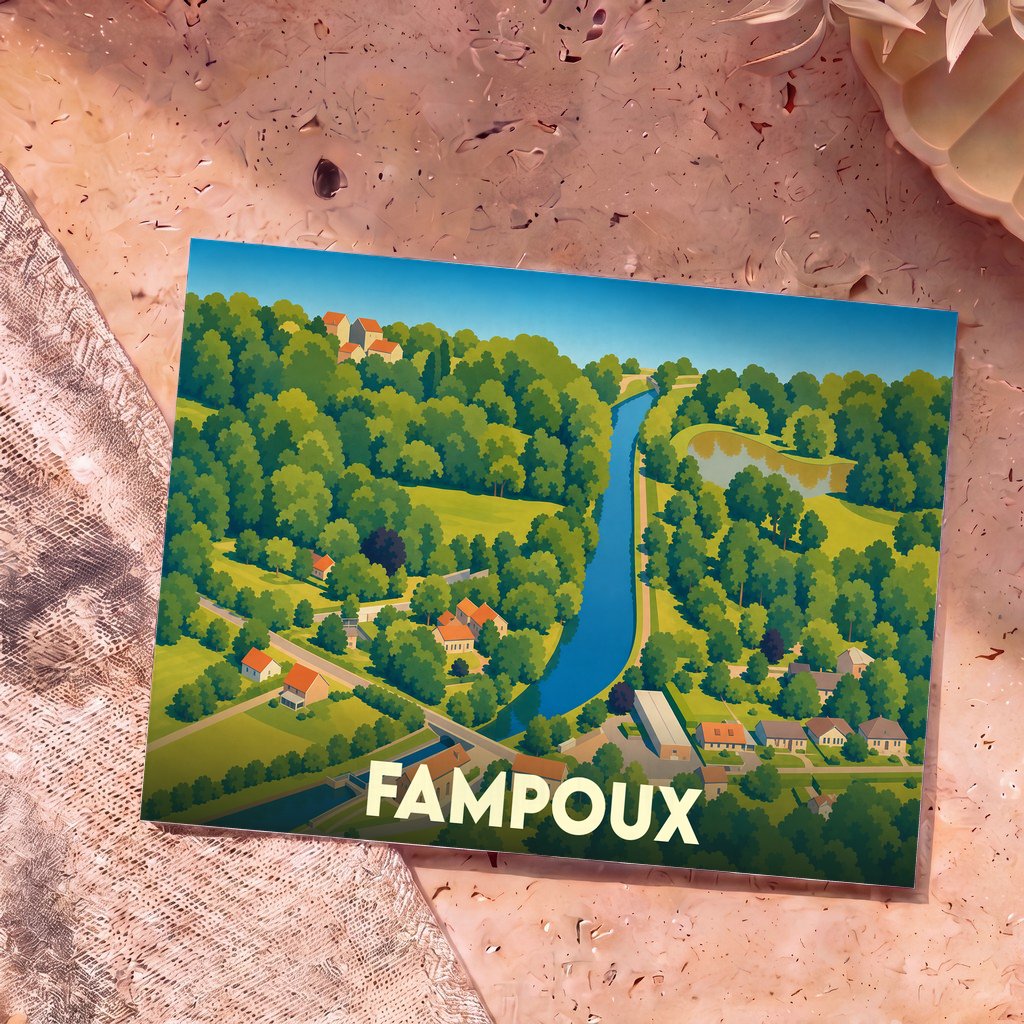 Carte postale souvenir de la ville de Fampoux avec une illustration stylisée et colorée du paysage local.