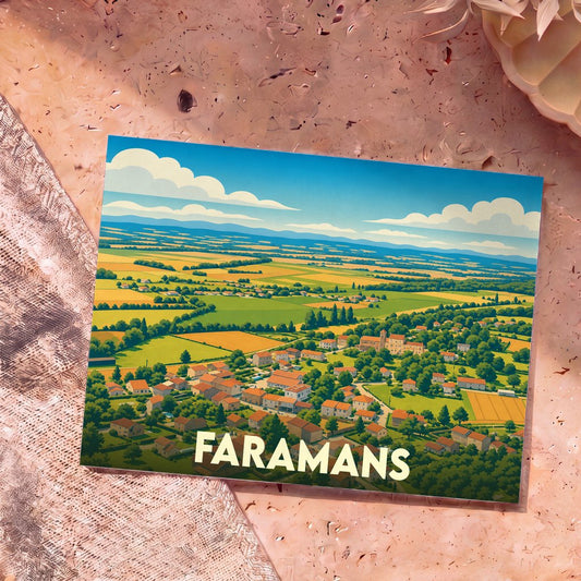 Carte postale souvenir de la ville de Faramans avec une illustration stylisée d'un paysage champêtre.