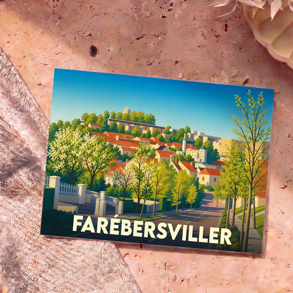 Carte postale souvenir de la ville de Farébersviller avec une illustration stylisée et colorée.